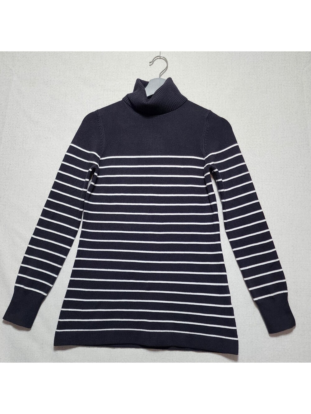 Small Navy White Breton Stripe Nautical Parisian Chic Turtleneck Sweater
